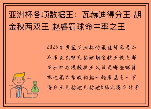 亚洲杯各项数据王：瓦赫迪得分王 胡金秋两双王 赵睿罚球命中率之王